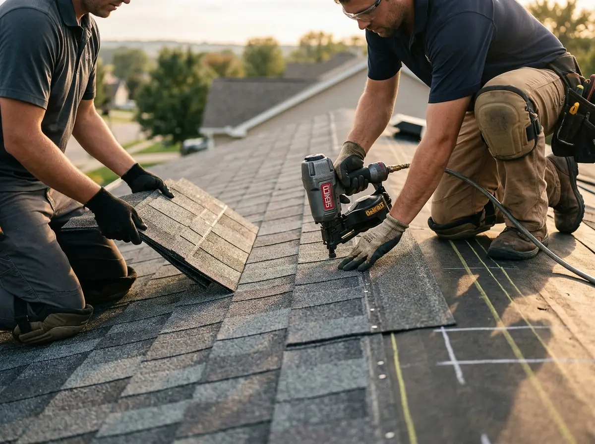 Professional roofer working on a residential roof in Estherville